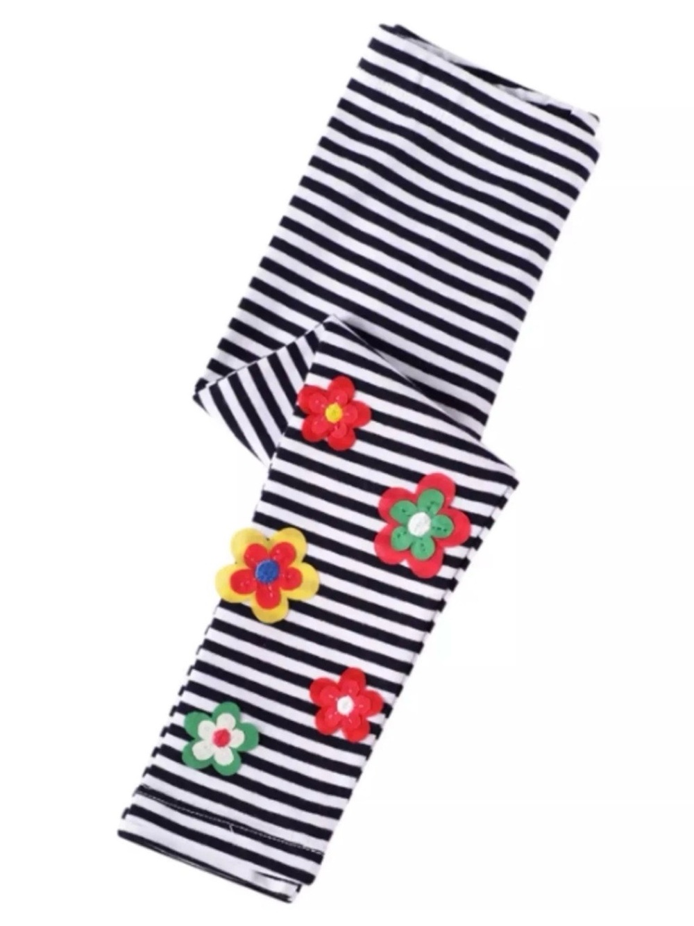 Mini Boden Girls 7-8Y Blue White Striped Flower Applique Ankle Leggings Stretch - Picture 2 of 7